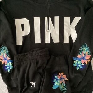 Victoria’s Secret PINK Tropical Floral Embroidered Zip Top Joggers Shirt Set L
